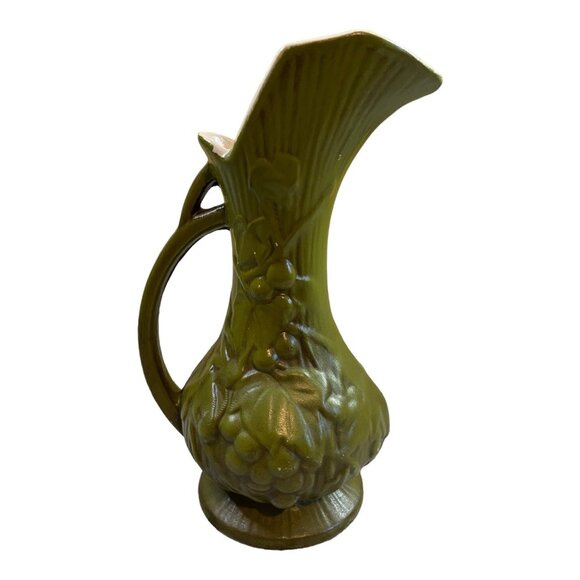 Vintage Green Grapes Relief Pottery Pitcher Vase Mid Century Art Pottery Decor - Picture 2 of 10
